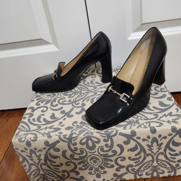 VINTAGE Gucci Black Leather Square Horsebit Square Toe Pumps Size 8 - Picture 2 of 7